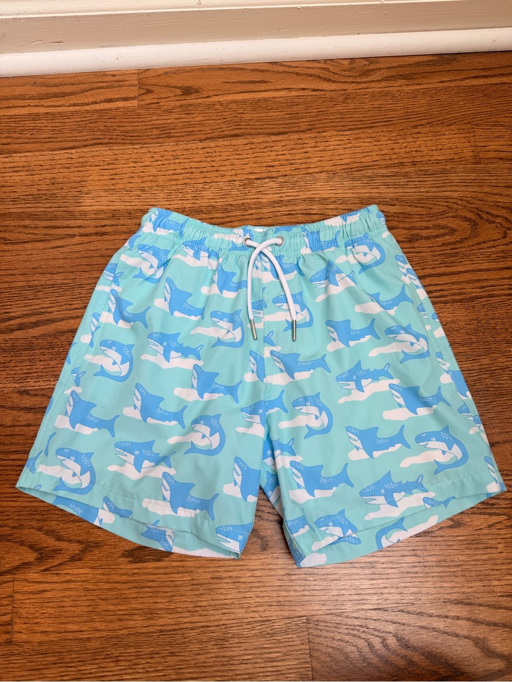 Bermies Shark Print Swim Trunks in Aqua & Blue size 10